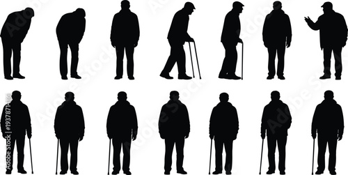 Elderly Man Silhouette Set with Walking Cane and Different Poses Isolated Vector Collection of Senior People on White Background