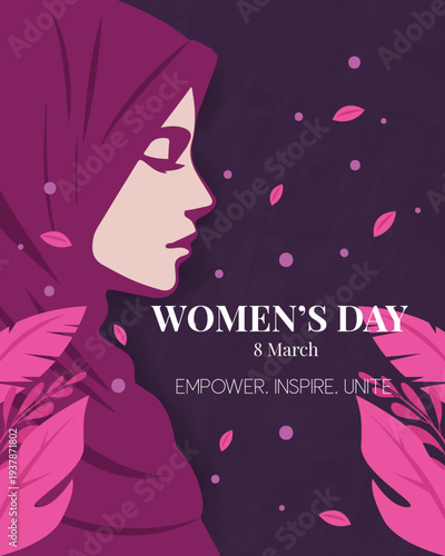 International Women’s Day Hijab Woman Illustration Poster. Suitable for campaigns, social media posts, awareness posters, and women empowerment designs.