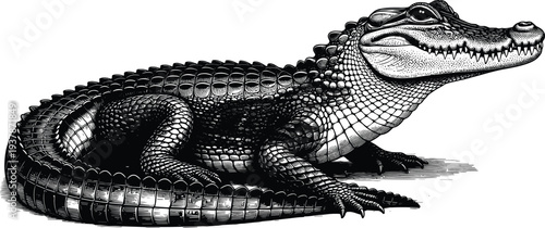 Detailed Vintage Woodcut Illustration of an American Alligator Resting Isolated on White Background for Wildlife Conservation Education Biological Research and Reptile Nature Art Projects