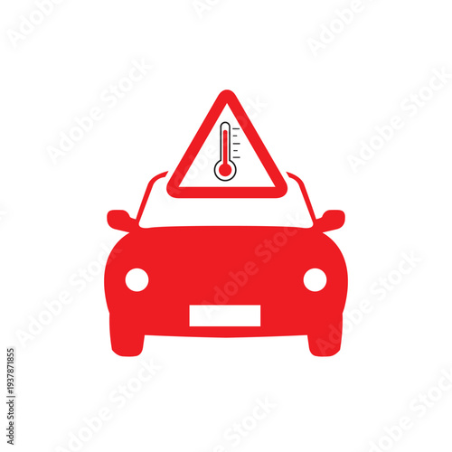 Automatic thermometer indicating a high temperature on the warning triangle, symbolizing dangerous heat inside the vehicle cabin during the summer.