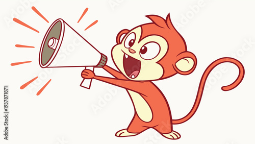 Vector illustration of Cute Cartoon Monkey Character Shouting with Megaphone, Announcing Important Message.