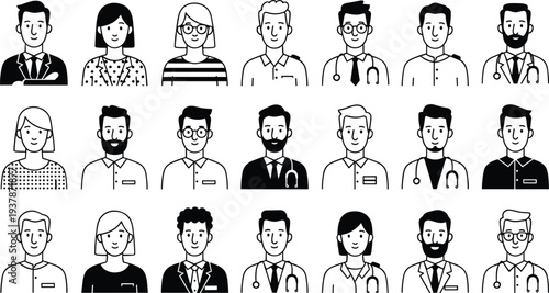 Diverse Professional Avatar Icon Set Featuring Linear Vector Illustrations of Male and Female Doctors, Business People, Office Staff, and Healthcare Workers for Corporate Identity