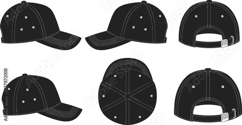 Baseball Cap Mockup Set in Multiple Views, Front, Side, Top and Back Snapback Hat Illustration Isolated on White Background
