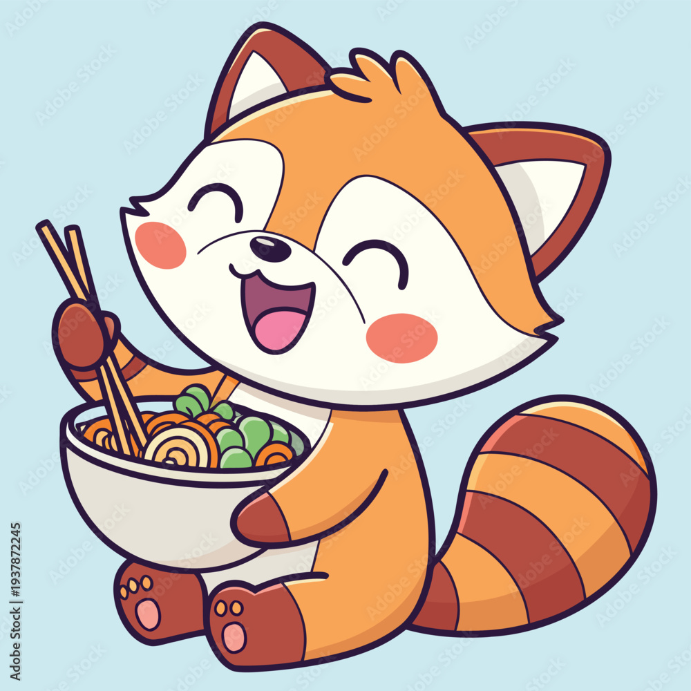 Fototapeta premium Vector illustration of Cute Cartoon Red Panda Happily Eating Noodles with Chopsticks, Asian Food Illustration