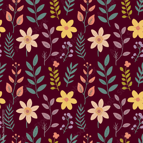 Seamless floral pattern with vintage blossoms on dark background. Retro botanical wallpaper design with elegant mustard and teal flowers. 