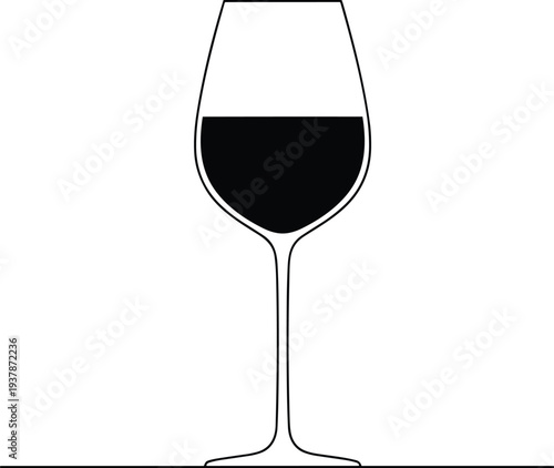 Elegant Minimalist Line Art Illustration of a Red Wine Glass Half Full with Dark Liquid Isolated on White Background for Modern Graphic Design