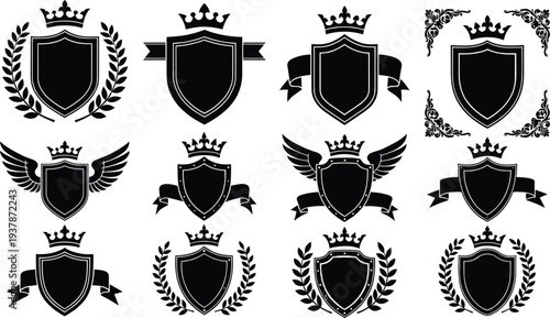 Elegant collection of twelve heraldic shield emblems with crowns, laurel wreaths, wings, ribbons, and ornate flourishes, perfect for branding, logos, and classical design projects.