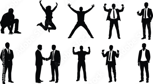 Business People Silhouettes Set Showing Success, Handshake, Jumping and Standing Poses, Corporate Teamwork and Achievement Concept Isolated on White Background