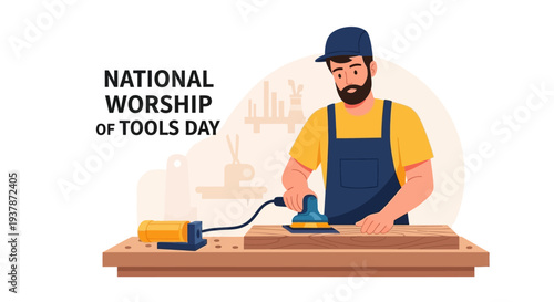 Illustration of a bearded man in a blue apron sanding wood on a workbench for National Worship of Tools Day with various tools.