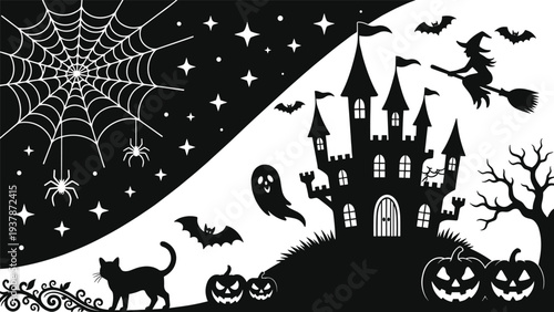 Halloween silhouette vector background featuring haunted castle, flying witch, ghost, pumpkins, black cat, and spider web in a night sky with stars and bats