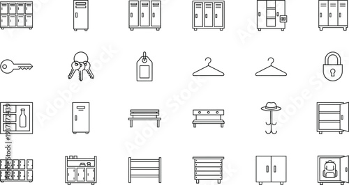 Gym Locker Room and Changing Area Line Icon Set Featuring Metal Cabinets Storage Benches Padlocks Keys Hangers and Wardrobe Furniture for Sports Club Interior
