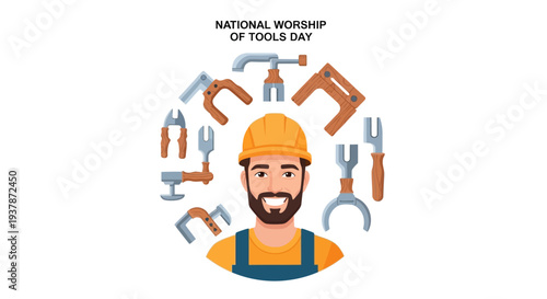 Flat lay illustration of a smiling handyman with various work tools arranged around him, celebrating National Worship of Tools Day with a colorful and playful design.