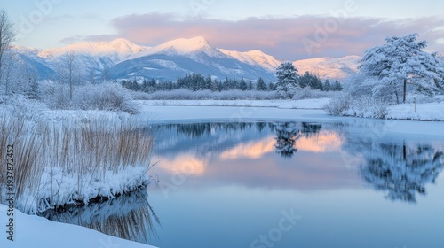 Serene winter landscape with snow-covered mountains reflecting in a tranquil lake at dawn