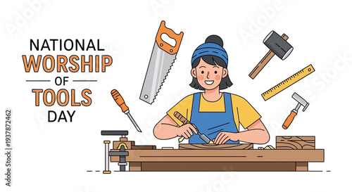 A cheerful woman in a workshop, celebrating National Worship of Tools Day with various tools and equipment around her, conveying a joyful and appreciative mood with a flat lay composition.