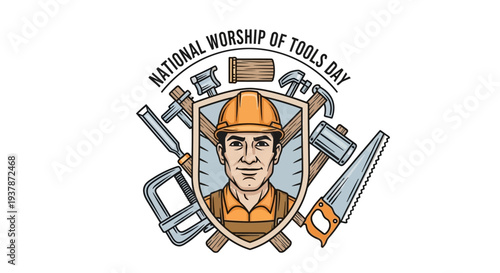 Vector illustration of a handyman in a hard hat surrounded by tools on National Worship of Tools Day with a flat design style and a mix of orange and gray tones.