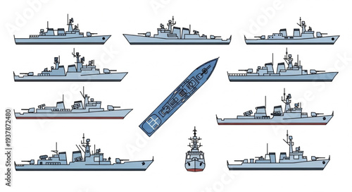 Collection of Navy Warships and Submarine.