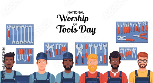 Diverse group of workers celebrating National Worship of Tools Day with various handyman tools flat lay in a colorful illustration.