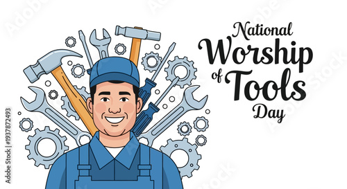 Flat lay illustration of a smiling handyman with tools, celebrating National Worship of Tools Day with a joyful mood and colorful design elements.
