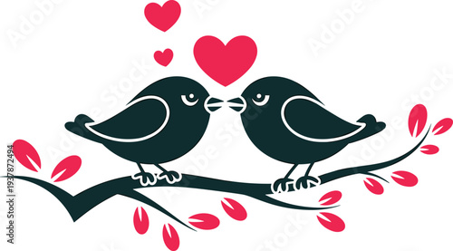 Cute love birds sitting on branch with hearts, romantic couple bird illustration, Valentine romance nature design, adorable vector artwork
