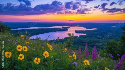 A stunning sunset view over a lake surrounded by vibrant wildflowers and lush green hills