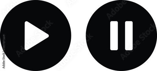 WebMinimalist black circle play and pause button icon set with white flat vector symbols for video player interface, media application design, and web navigation.
