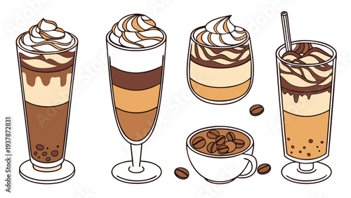 Vector illustration of Delicious Coffee and Latte Drinks Illustration with Whipped Cream and Beans