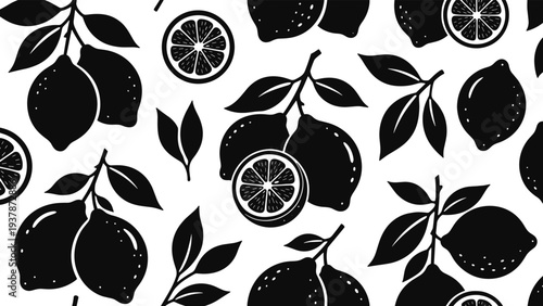 Seamless black and white lemon fruit pattern with whole lemons, citrus slices, and green leaves in a hand drawn minimalist vector engraving style.