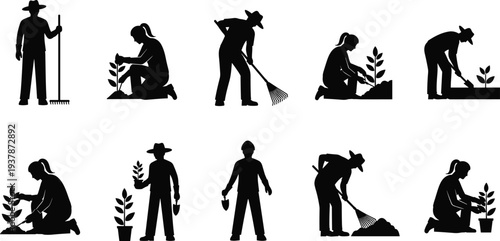 Gardening activity silhouettes set with people planting, raking soil, caring plants and landscaping work isolated vector illustration collection