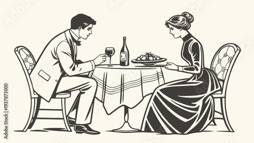 Vector illustration of Elegant Vintage Couple Dining with Wine and Food in a Romantic Restaurant Setting