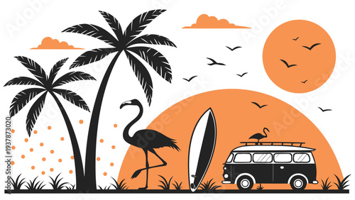 Vector illustration of Retro Tropical Beach Sunset Silhouette with Flamingo Palm Trees Surfboard and Camper Van Adventure
