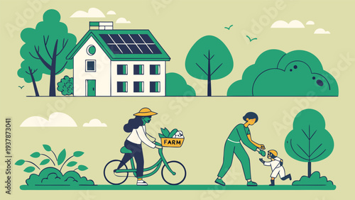 Vector illustration of Green Eco-Friendly Living Illustration with Solar Panel House Family and Farm Bicycle