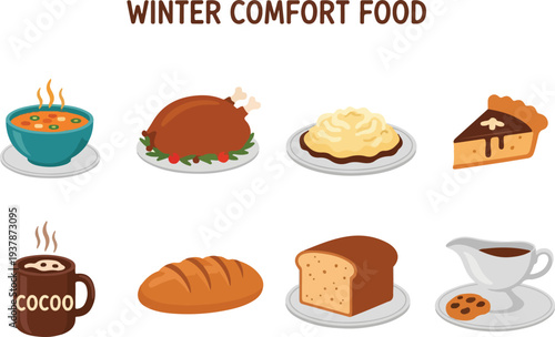 Cartoon illustrations of winter comfort foods soup turkey mashed potatoes pie cocoa bread and gravy with a cookie