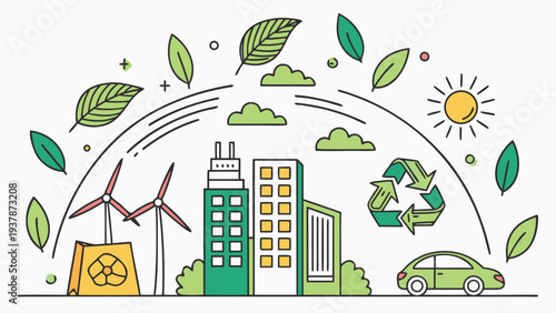 Vector illustration of Sustainable Green City Landscape with Wind Turbines, Recycling, and Eco-Friendly Car Line Art