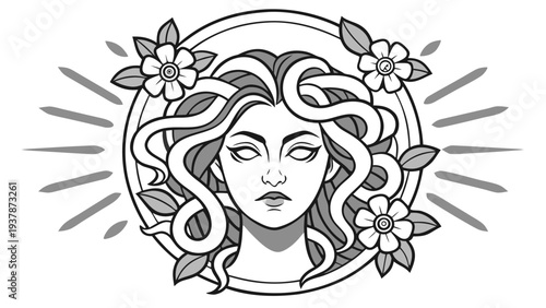 Vector illustration of Mythological Medusa Head with Snakes, Flowers, and Radiant Aura Outline Illustration