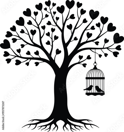 Romantic heart leaf tree silhouette with bird cage, love concept illustration, decorative nature design, wedding Valentine theme vector artwork