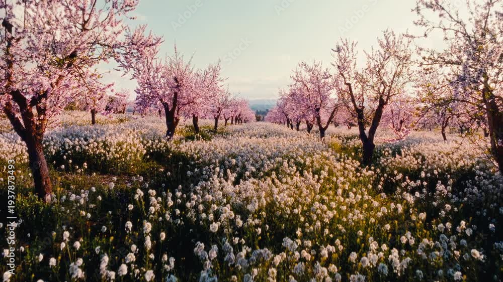 custom made wallpaper toronto digitalCinematic 4K aerial drone footage flying over blooming almond orchard at sunrise, pink blossoms glowing above a dense white wildflower field. Idyllic spring countryside landscape, agriculture, renewal