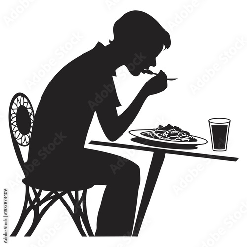 Vector illustration of Silhouette of Person Sitting at Table Eating Pasta in Restaurant. Mealtime Scene.