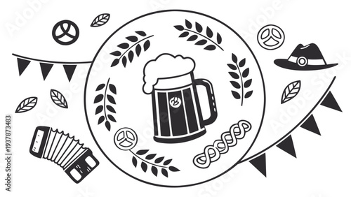 Vector illustration of Oktoberfest Celebration Elements with Beer Mug, Pretzels, Accordion and Wreath. German Festival.