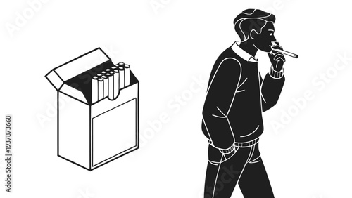 Vector illustration of Man Smoking Cigarette and Open Pack Illustration. Health Risk, Addiction, and Bad Habit Concept.
