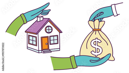 Vector illustration of Hands Exchanging House for Money Bag, Real Estate Transaction and Property Investment Concept