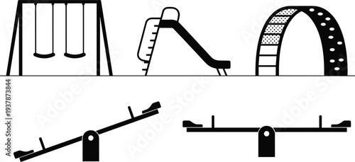 Black silhouette vector collection of outdoor playground equipment including swings, slides, seesaws, and climbing frames isolated on white background for park and landscape design