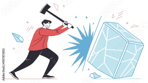 Vector illustration of Determined Man Breaking Through Ice Cube Obstacle with Sledgehammer, Problem Solving Concept