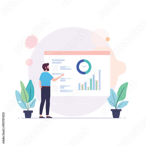 Man in window house and garden business cartoon illustration concept icon