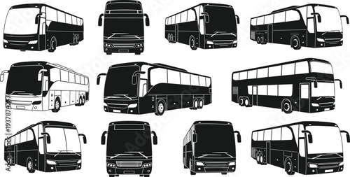 Set of professional bus silhouettes and coach vector icons including double decker, tourist shuttle, and city transport vehicles for commercial transit and travel design graphics.