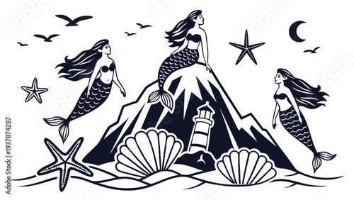 Vector illustration of Underwater Fantasy Scene with Mermaids Lighthouse Starfish and Seashells Vector
