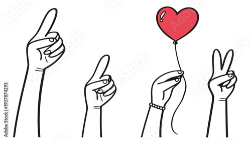 Vector illustration of Set of Hand Gestures: Pointing Up, Thumbs Up, Heart Balloon, and Peace Sign Illustration.