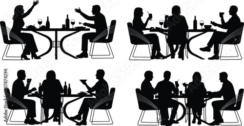 Set of restaurant dining silhouettes featuring various groups of friends and couples sitting at tables eating food and drinking wine isolated on white background