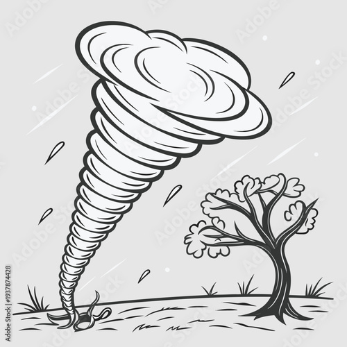 Vector illustration of Powerful Tornado Funnel Cloud Twister with Disturbed Tree and Debris Outline Illustration