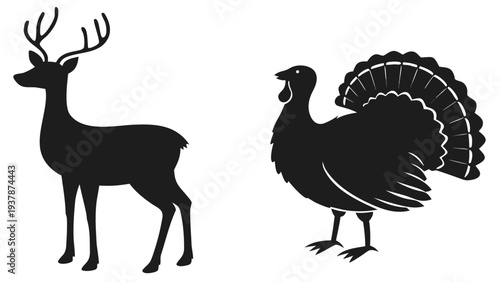Vector illustration of Thanksgiving and Hunting Season Silhouettes of a Deer and a Turkey on White