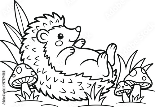 A cute cartoon hedgehog sitting on grass isolated on transparent background